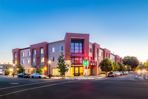 Photo taken at twilight of the Tower Park Affordable Senior Housing development in Modesto, CA.
